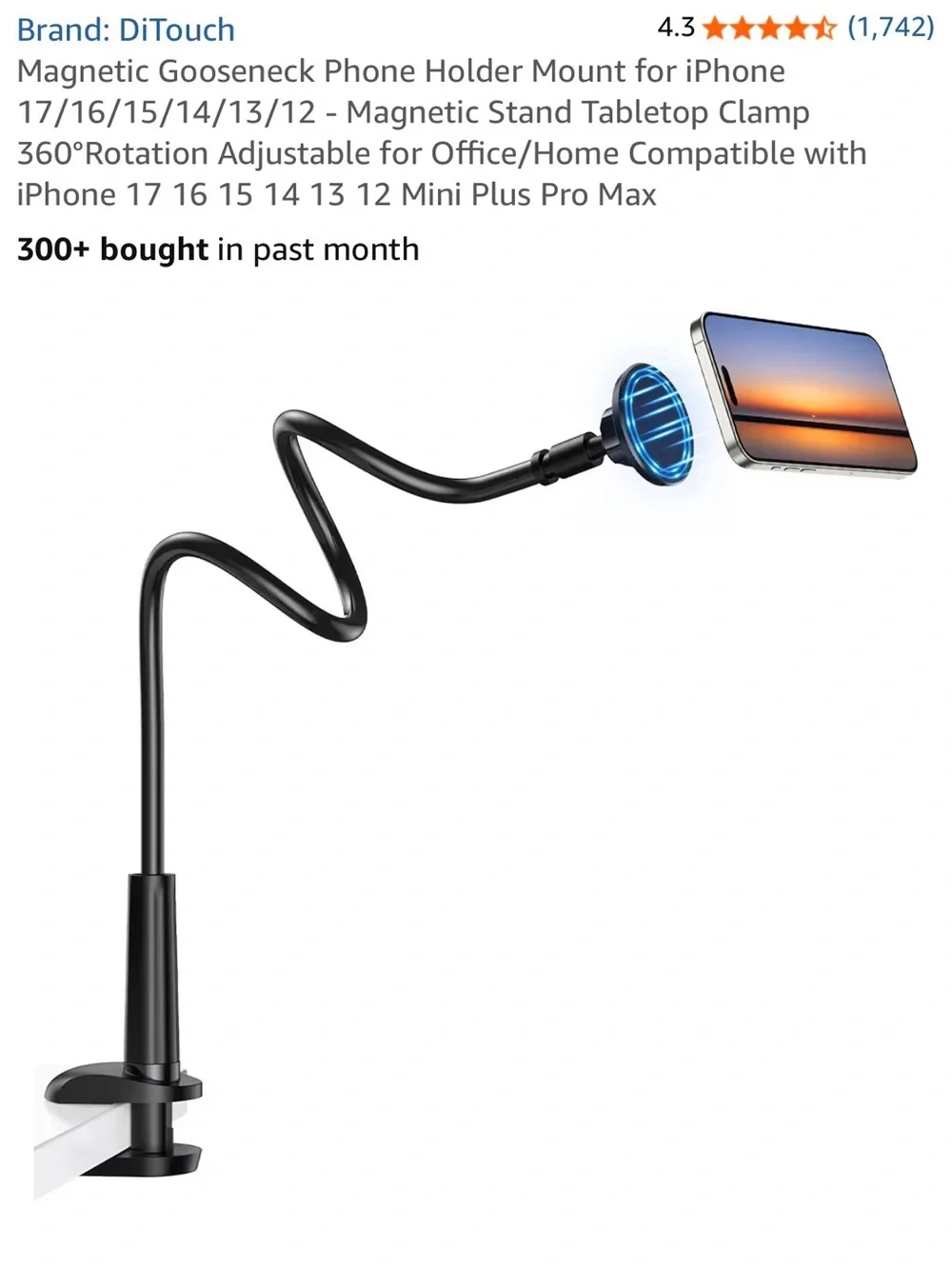 NEW DiTouch Magnetic Gooseneck Phone Holder Clamp Mount MagSafe iPhone 12-17